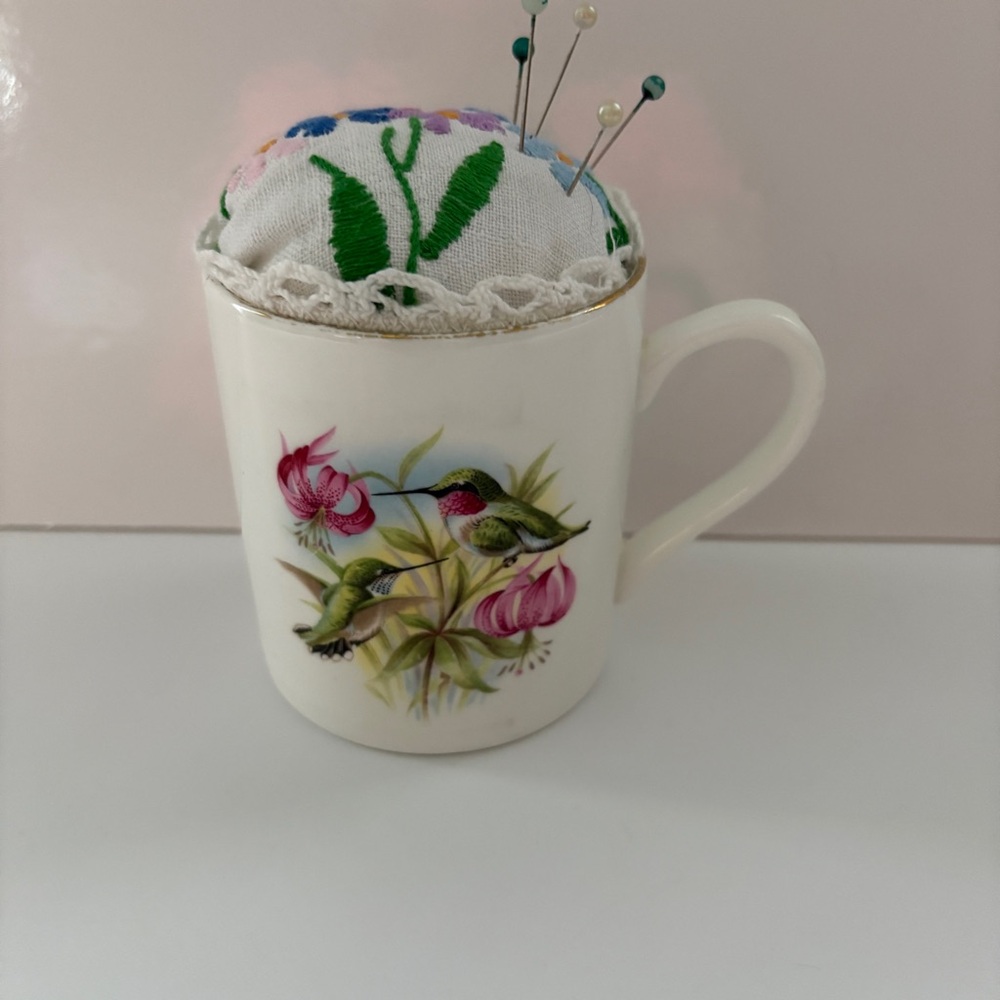 Vintage Hummingbird Tea / Coffee Mug Pin Cushion / Royal Sutherland Bone China